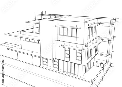 Architectural sketch of a building 3d illustration