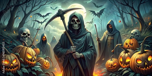 Halloween background with beautiful hand-drawn illustrations of grim reapers and skulls photo