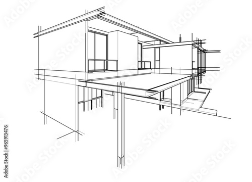 Architectural sketch of a building 3d illustration