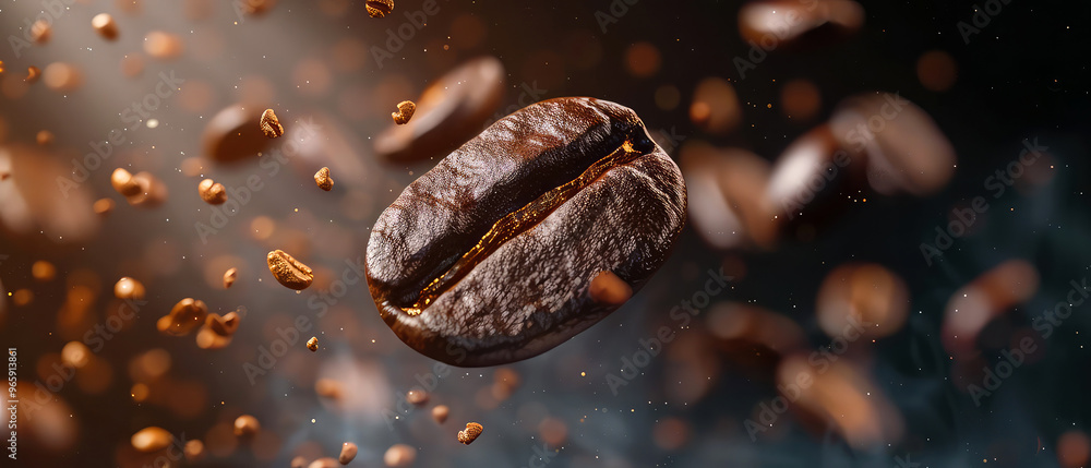 Close up of flying roasted coffee beans with golden shimmer, particles. Macro shot of coffee for advertising, cafe banner. Generative ai