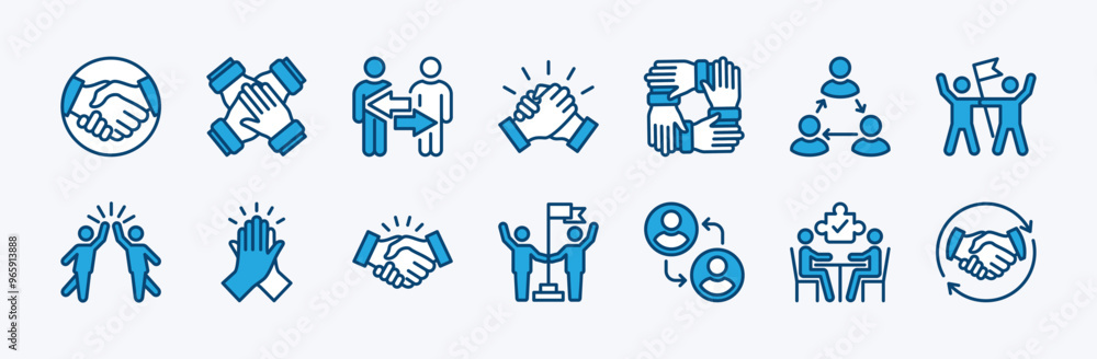 Set of cooperation icon vector. Containing teamwork, team working together, handshake, agreement, collaboration, achievement, support, success business, share, deal, meeting, goal, partnership Set of cooperation icon vector. Containing teamwork, team working together, handshake, agreement, collaboration, achievement, support, success business, share, deal, meeting, goal, partnership