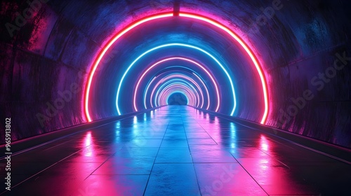 Futuristic Neon Illuminated Tunnel with Geometric Architecture and Glowing Pathway