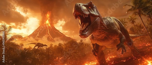 Fototapeta Naklejka Na Ścianę i Meble -  A T-Rex is walking through a forest with a volcano in the background