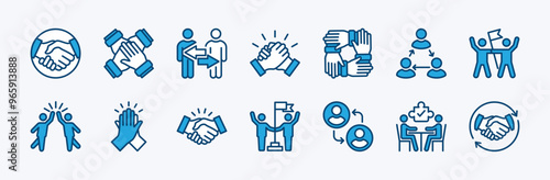 Set of cooperation icon vector. Containing teamwork, team working together, handshake, agreement, collaboration, achievement, support, success business, share, deal, meeting, goal, partnership