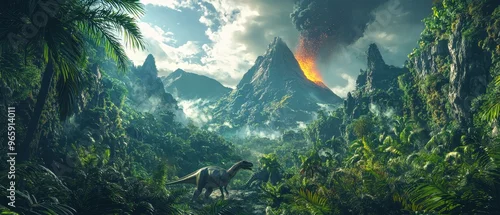 Fototapeta A dinosaur is walking through a jungle with a volcano in the background