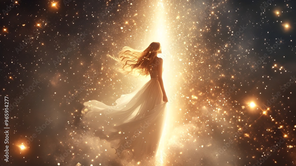 Ethereal Celestial Goddess Emerging from Sparkling Cosmic Mist Ethereal Celestial Goddess Emerging from Sparkling Cosmic Mist