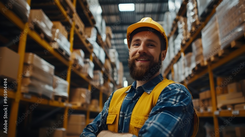 Bearded Male Worker in Warehouse Operating Forklift Transporting Boxes Bearded Male Worker in Warehouse Operating Forklift Transporting Boxes