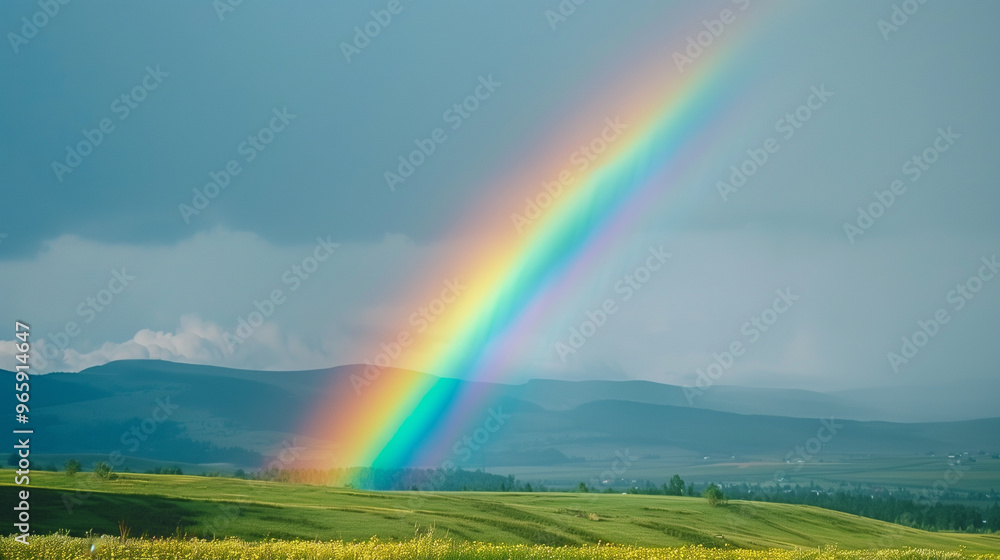 Vibrant rainbow over green fields and distant mountains Vibrant rainbow over green fields and distant mountains