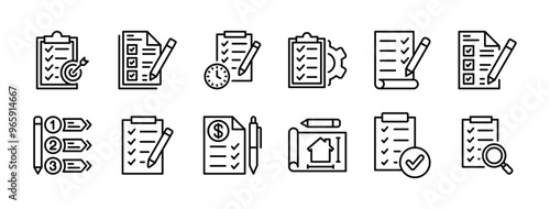 Business planning document thin line icon set. Clipboard, form, note paper. Containing target, time, management, checklist, list, finance budget, tasks, house sketch, project. Vector illustration