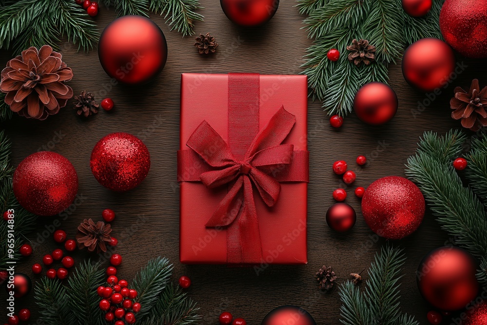 Christmas background with red holly branches, gift box and red berries Christmas background with red holly branches, gift box and red berries