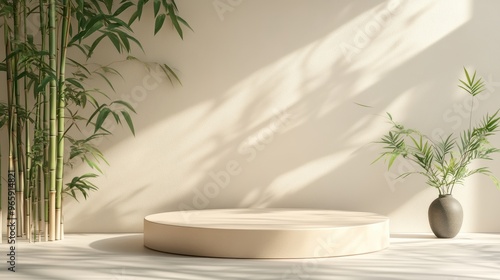 Minimalist zen interior with a round pedestal, bamboo plant, and vase of green leaves suitable for product display, meditation themes, or interior design concepts,