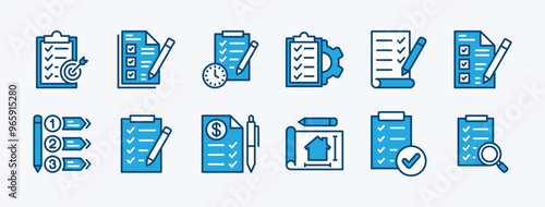 Set of business planning document icon. Clipboard, form, note paper. Containing target, time, management, checklist, list, finance budget, tasks, house sketch, project. Vector illustration