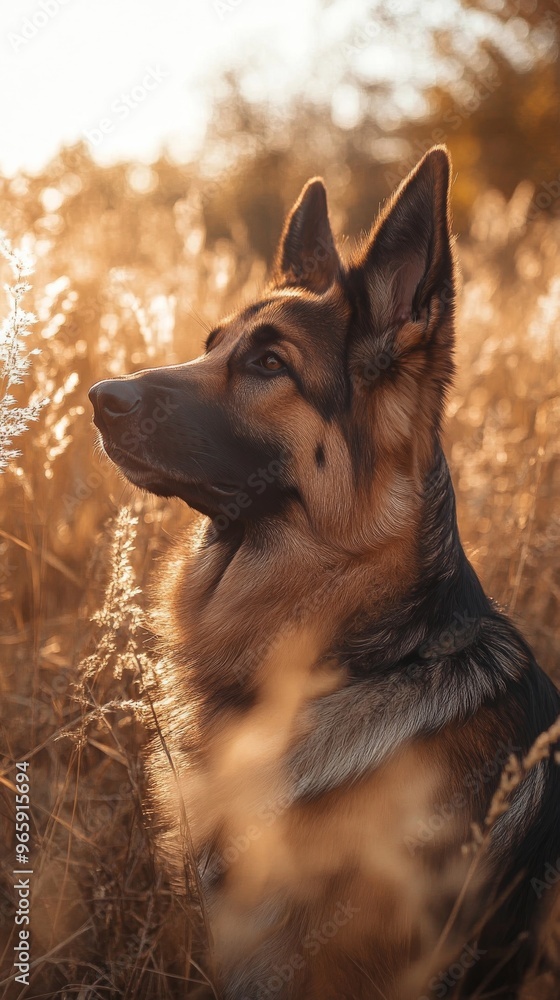 German shepherd dog in golden field at sunset, portrait shot. Nature and companionship concept German shepherd dog in golden field at sunset, portrait shot. Nature and companionship concept