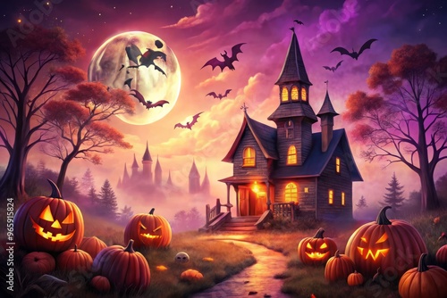 halloween night eerie animated vintage style illustration purple orange red photo