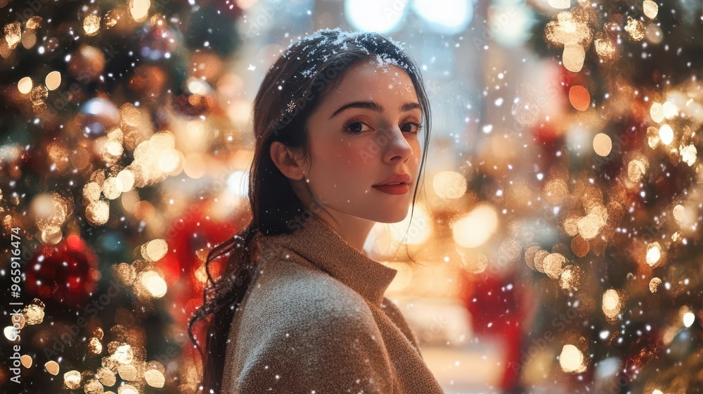 A young woman gazes thoughtfully in a snow-covered setting, surrounded by festive Christmas lights and decorations. A young woman gazes thoughtfully in a snow-covered setting, surrounded by festive Christmas lights and decorations.