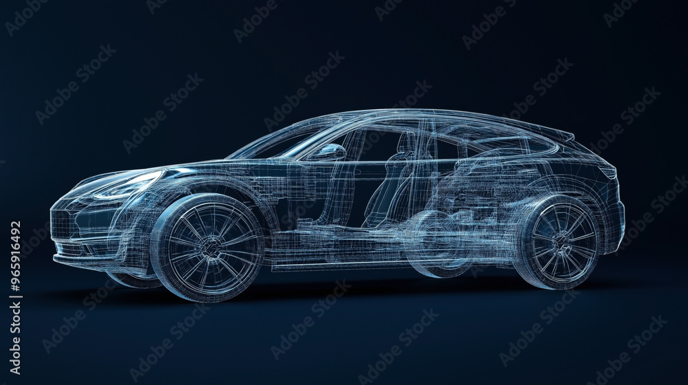 Naklejka premium A wireframe illustration of a car showcasing its internal structure, including mechanical components and seats, against a dark blue background.
