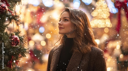 A woman enjoys a winter wonderland, surrounded by festive lights and falling snow. Holiday spirit shines through her smile.