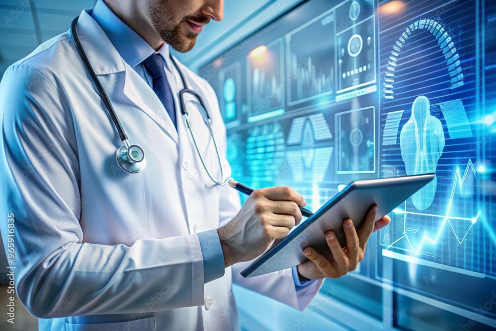 male doctor using advanced medical technology tablet to improve patient diagnosis and treatment in a high tech modern healthcare facility environment male doctor using advanced medical technology tablet to improve patient diagnosis and treatment in a high tech modern healthcare facility environment