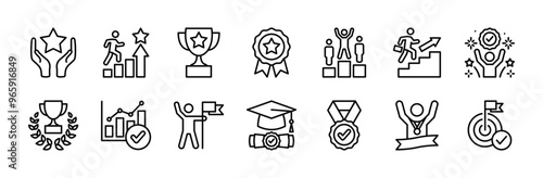 Success thin line icon set. Successful business career development. Containing achievement, winner, reward, trophy, target, goal, victory, chart growth, medal, champion, graduation vector illustration