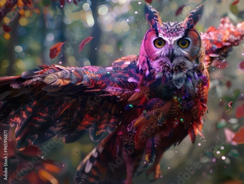 augmented reality wildlife art 3d holographic owl emerging from canvas interactive paint splatters colorchanging feathers responding to viewers emotions immersive forest soundscape photo