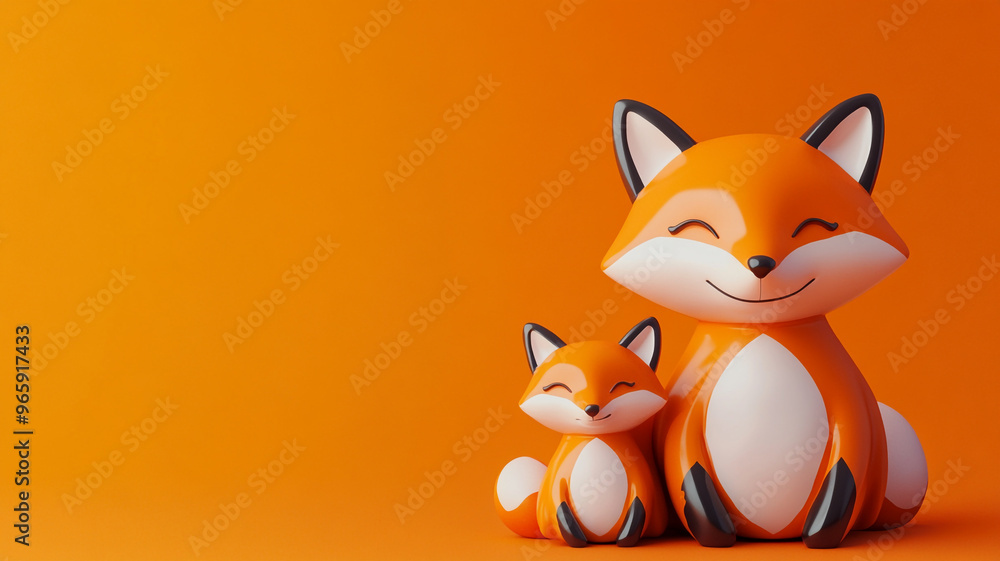 A cheerful family of cartoon foxes posed against a vibrant orange backdrop in a playful illustration A cheerful family of cartoon foxes posed against a vibrant orange backdrop in a playful illustration