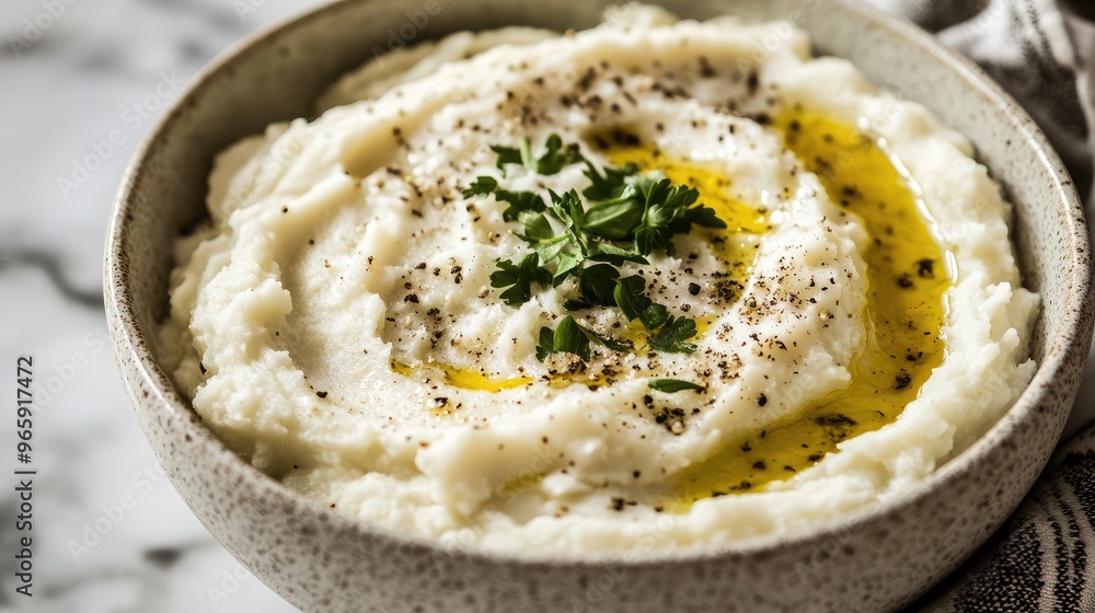 A bowl of creamy, dairy-free mashed cauliflower, topped with a drizzle of olive oil and freshly ground black pepper A bowl of creamy, dairy-free mashed cauliflower, topped with a drizzle of olive oil and freshly ground black pepper