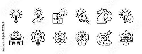 Solution thin line icon vector set. Containing problem solving, light bulb, idea, strategy, creativity, innovation, meeting, teamwork, connecting, management, puzzle, creative, invention, jigsaw