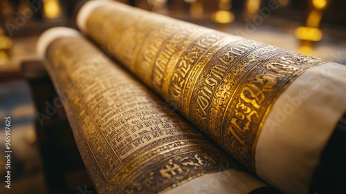 Close-up of a Torah scroll being read during a Jewish religious ceremony, focusing on the handwritten text