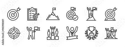 Business goals thin line icon vector set. Containing target, aim, accurate, objective, and mission of success, achievement, victory, winner, planning checklist, trophy, champion, mountain peak