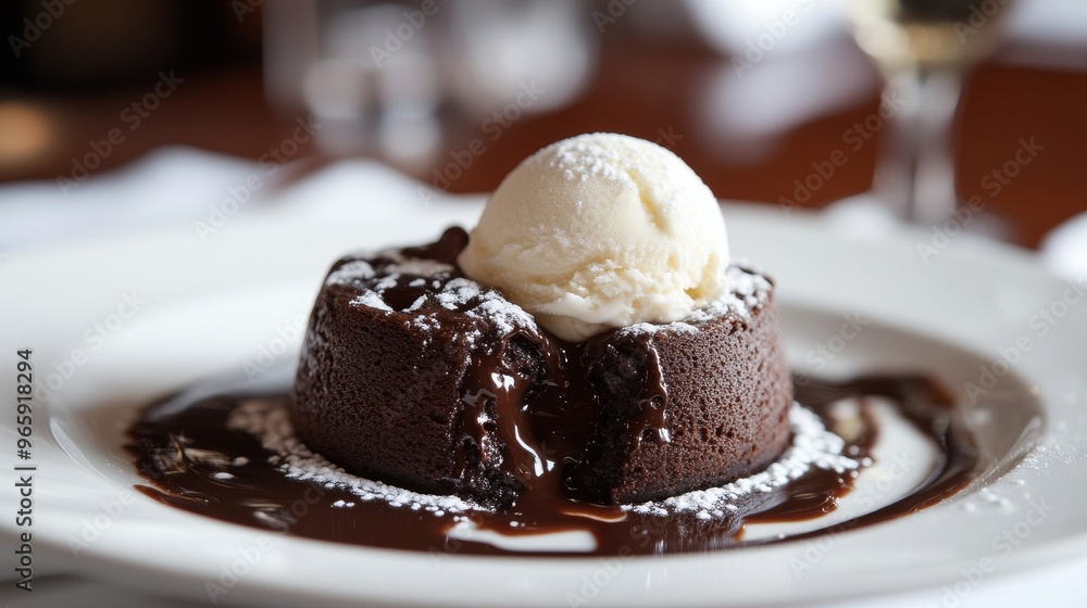 Molten chocolate lava cake with vanilla ice cream, close-up view. Gourmet dessert and indulgence concept Molten chocolate lava cake with vanilla ice cream, close-up view. Gourmet dessert and indulgence concept
