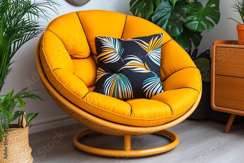 Retro chair with an iconic papasan shape offering laid-back, bohemian comfort in a 1970s-inspired living room photo