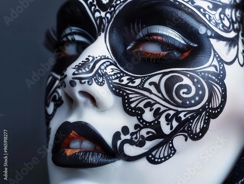 avantgarde female portrait combining dark and light face paint dramatic closeup of eyes and lips with intricate hennainspired patterns creates a theatrical artistic makeup look photo