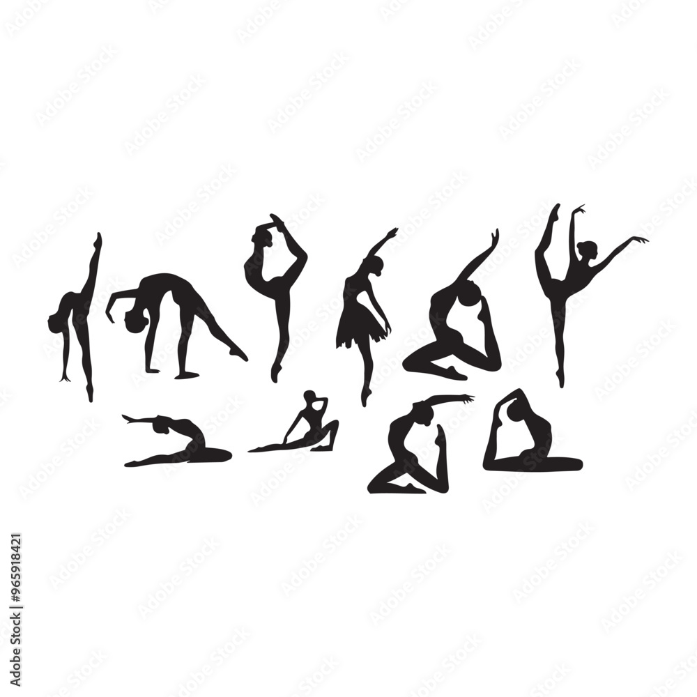 Female ballet dancing, woman contortionist exercising gymnastic yoga silhouette ,split jump girl gymnast black silhouette Female ballet dancing, woman contortionist exercising gymnastic yoga silhouette ,split jump girl gymnast black silhouette