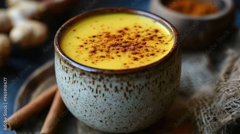A close-up of a golden turmeric latte in a rustic ceramic cup, with a sprinkle of cinnamon on top and surrounded by raw ingredients A close-up of a golden turmeric latte in a rustic ceramic cup, with a sprinkle of cinnamon on top and surrounded by raw ingredients