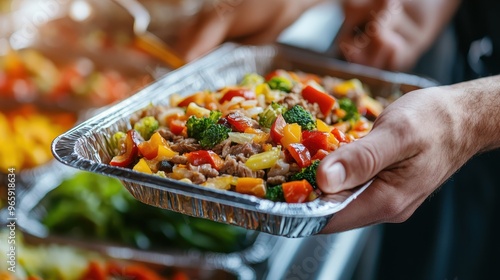 A close-up image showing a person holding an aluminum tray filled with colorful vegetables like bell peppers and broccoli, indicating food service or catering. photo