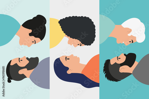 LGBT concept. Different couples kiss. Flat vector illustration. The face of a man, woman, gay, lesbian. Portrait kiss. Set of illustrations	