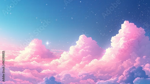 Pastel color dream background with glittering stars and colorful clouds in Japanese 2d anime style
