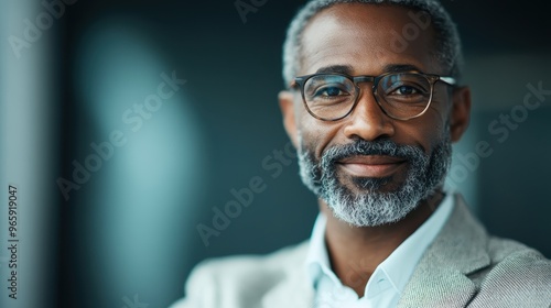 An older man with glasses smiling warmly at the camera, dressed in a suit jacket, with a soft, blurry backdrop, emanating wisdom and kindness.