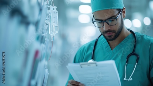 A medical professional in green scrubs, wearing a stethoscope around the neck, is seen reviewing documents in a busy hospital setting, with IV drips visible in the background. photo