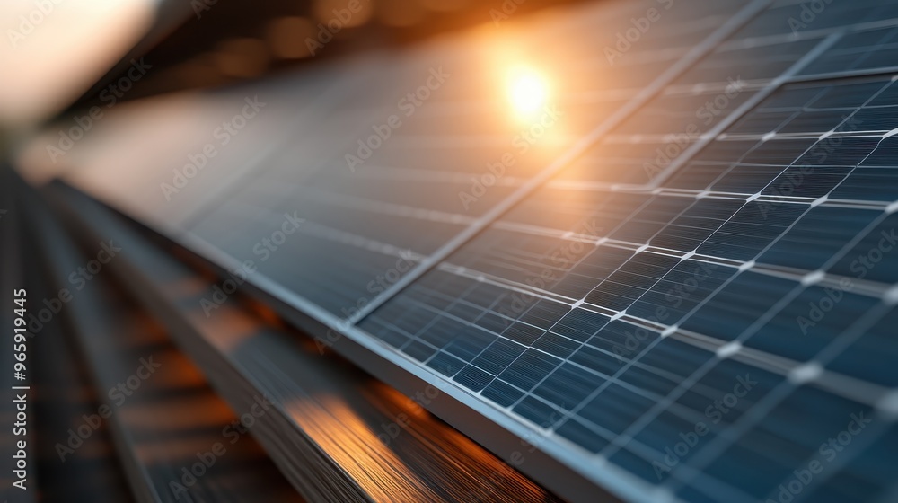 This image shows a detailed and focused view of modern solar panels ...