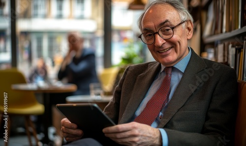  Contented British Retiree Enjoys High Pension Lifestyle: Elegant Senior Gentleman in Suit Smiles at iPad in Cafe. Depicting Successful Retirement, Digital Literacy, and Modern Senior Living for Marke