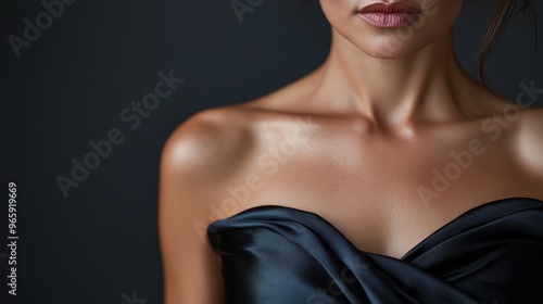 An elegant woman wearing a black silk dress, with a focus on her shoulders and neckline, set against a dark background, exuding sophistication and grace. photo