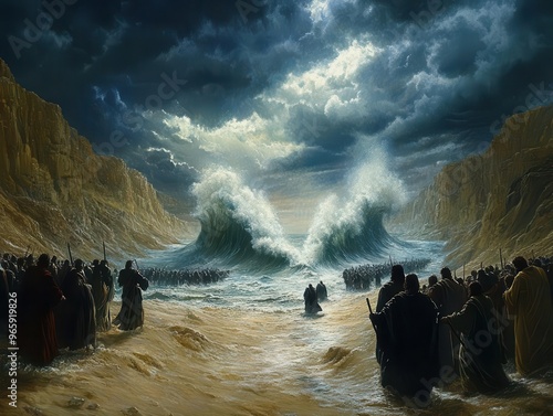 biblical scene of moses parting the red sea dramatic waves frozen midseparation israelites crossing on dry land stormy skies above photo