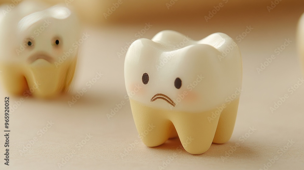 Toy teeth with a frowning face, highlighting the concept of dental health issues and cavities, on a light-colored backdrop Toy teeth with a frowning face, highlighting the concept of dental health issues and cavities, on a light-colored backdrop