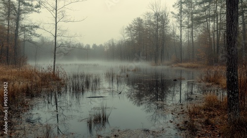 Panoramic view of foggy swamp in the forest
