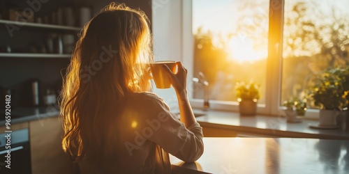 A woman is sitting at a table with a cup of coffee in front of her. She is looking out the window at the sun photo