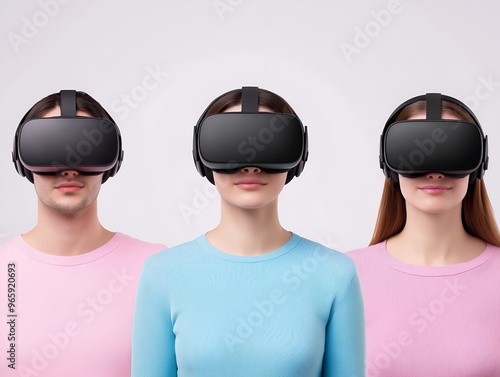 Virtual Reality Experience: Three People Wearing VR Headsets in Minimalist Style