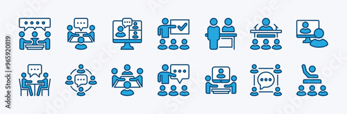 Set of business meeting icon vector. Containing teamwork, conference, workplace, seminar, teaching, classroom, interview, discussion, forum, presentation, online video, discourse, group talk