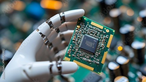 Obraz na płótnie Robotic Hand Holding Circuit Board With Microchip