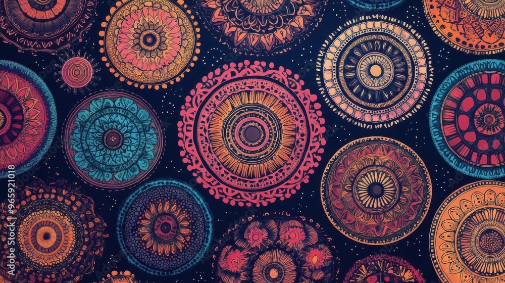 Boho mandalas in circular designs, seamless repeat, eclectic and spiritual, illustration seamless pattern fabric, no blur, photo not dark, everything is clear, copy space Boho mandalas in circular designs, seamless repeat, eclectic and spiritual, illustration seamless pattern fabric, no blur, photo not dark, everything is clear, copy space